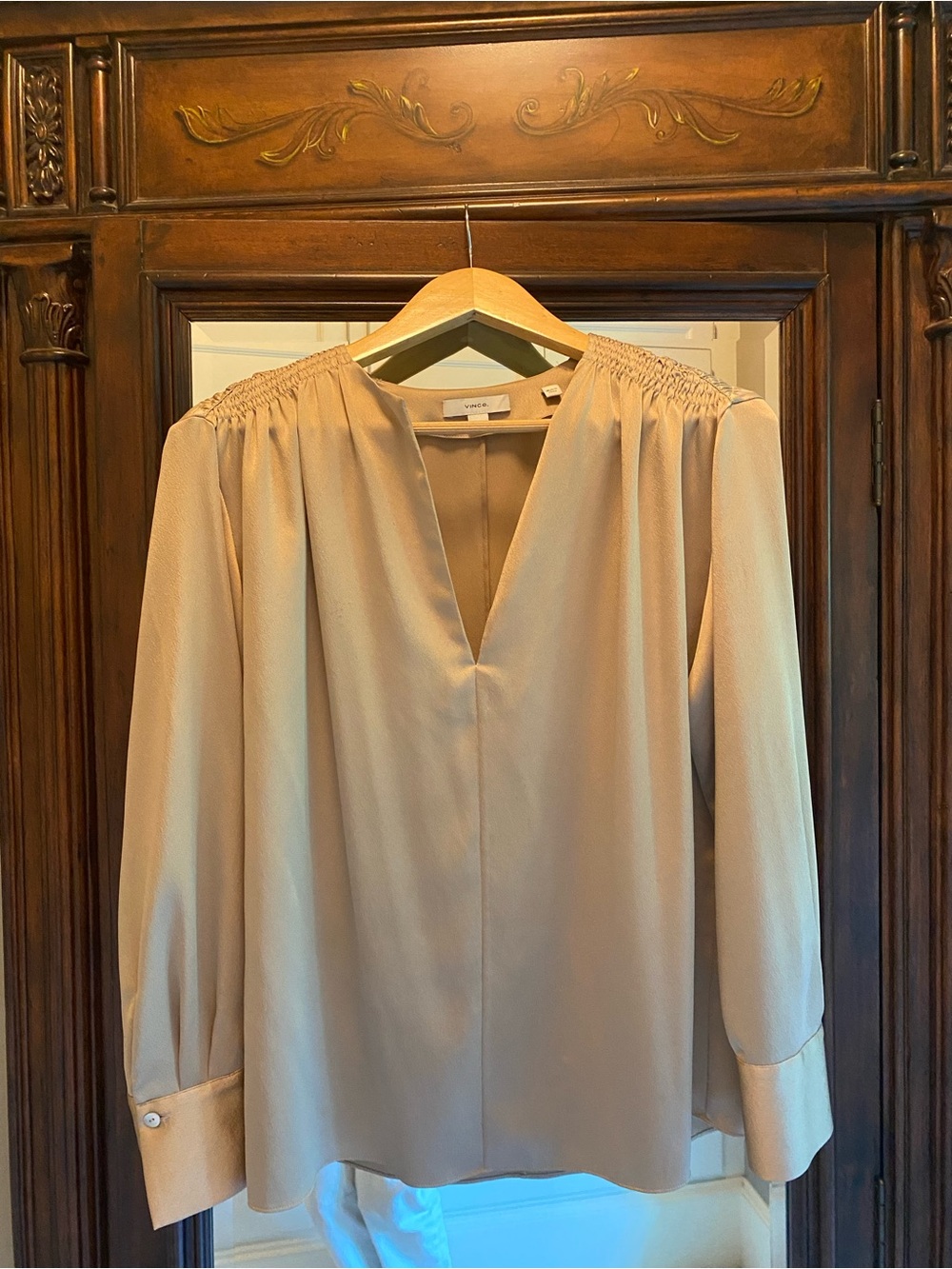 Vince - Soft Gold/Camel Toned Long-Sleeve V-Neck Smocked-Shoulder Blouse, Small